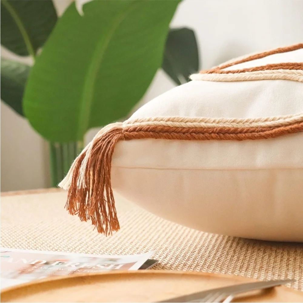 Braided Mid Century Cream Pillow Case Fringed Neutral Textured Boho Farmhouse